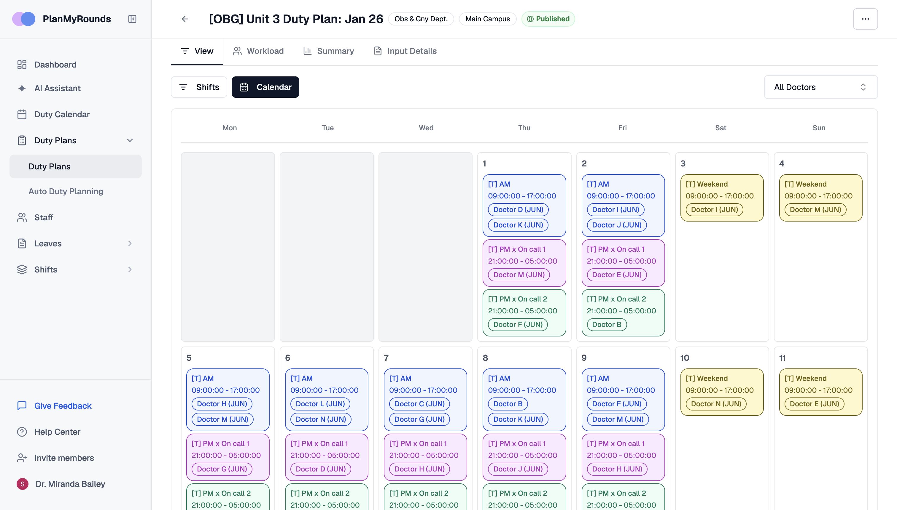 PlanMyRounds physician duty roster calendar for a hospital department